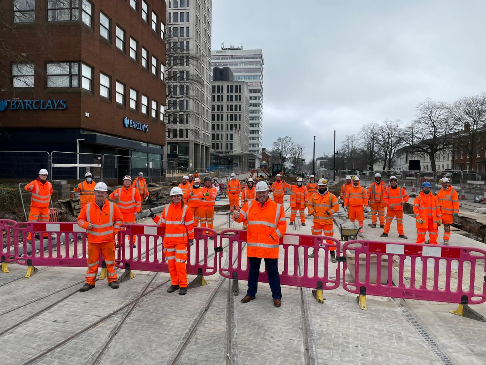 The construction team at the Midland Metro Alliance celebrate reaching the last stages of construction